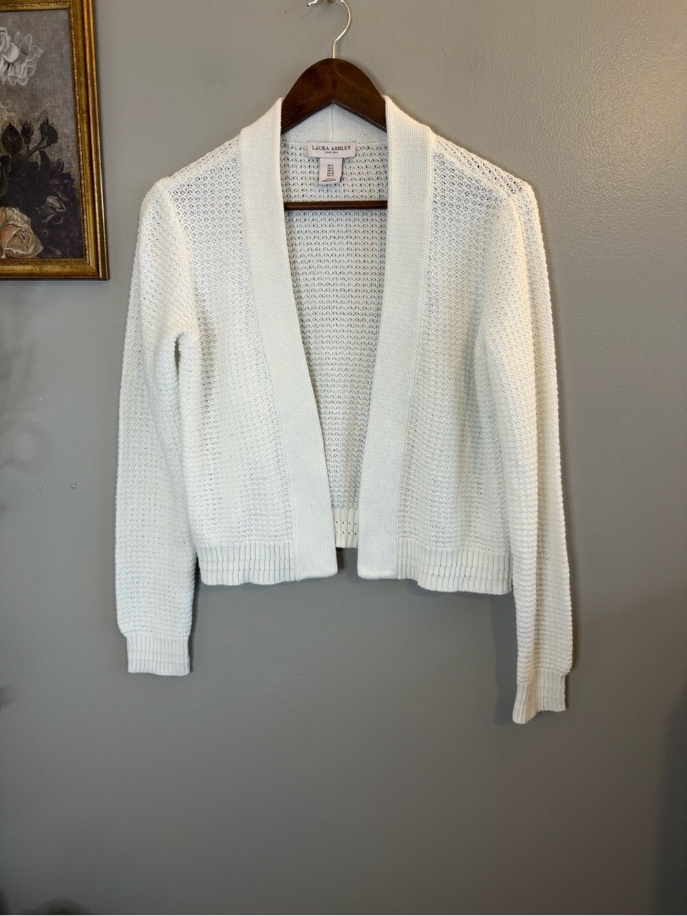 Laura Ashley White Cropped Open Front Knit Cardigan Sweater Women’s US 8 - Picture 2 of 7